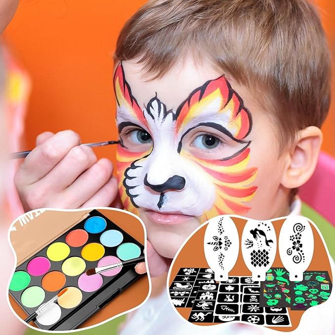 Face Paint Kit, 15 Color Face Painting Palette, with 2 Brushes 34 Stencils, 3 Reusable Stencils, 2 Stickers, Washable Face Paints for Kids Adults Halloween Party Carnival