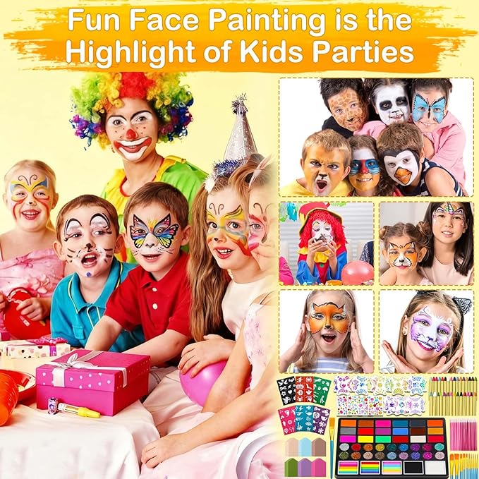 41 Color Face Painting Kit for Kids & Adults, Non-Toxic Water Activated Face Paint Palette with 28 Crayons, Reusable Stencils, Brush, Sponge, Gems - for Halloween, Birthday Party, Costume Makeup