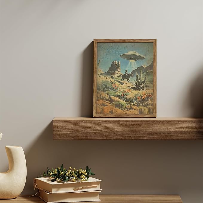 Framed Vintage Intergalactic Western Canvas Wall Art, Alien UFO Abducting Cowboy, Desert Cactus and Flowers Wall Decor, Retro Sci-Fi Poster for Living Room Bedroom – Dark Wooden Frame 8x10in