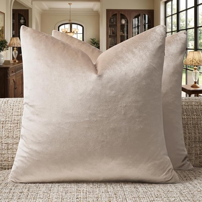 GIGIZAZA Velvet Pillow Covers 16x16 Decorative Pillows Pack of 2 Beige | Champagne Throw Pillows for Couch Sofa,280gsm Soft Textured Fabric,Modern Square Pillowcases,Luxury Cushion Covers