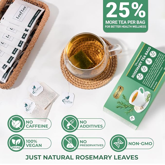 LeafLea Rosemary Tea Bags, Single-Ingredient Rosemary Leaf Tea, 80 Count | 2 Boxes to Stock Up or Share, Smooth Earthy Te De Romero, Individually Foil-Wrapped, Caffeine-Free, Vegan