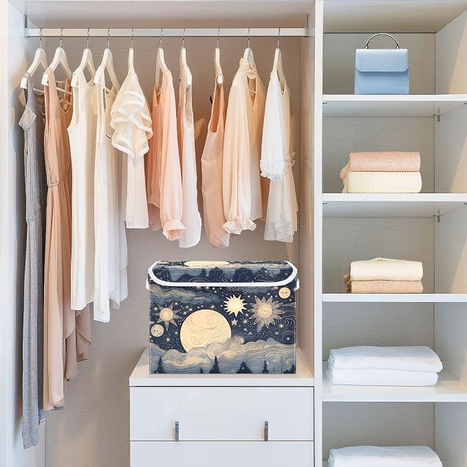 Stars and Moon Storage Bins with Lids and Carrying Handle,Foldable Storage Boxes Organizer Containers Baskets Cube with Cover for Home Bedroom Closet Office