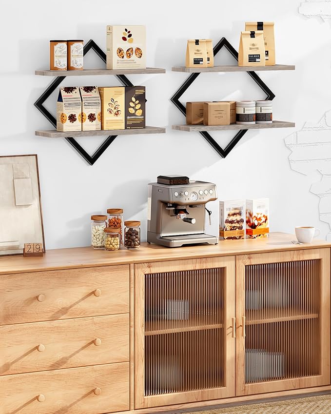 Floating Shelves for Wall, Set of 2 Wall Mounted Shelves, 2-Tier Hanging Shelves, for Living Room, Bedroom, Kitchen, Office, Study, Greige TBJ01P2BG
