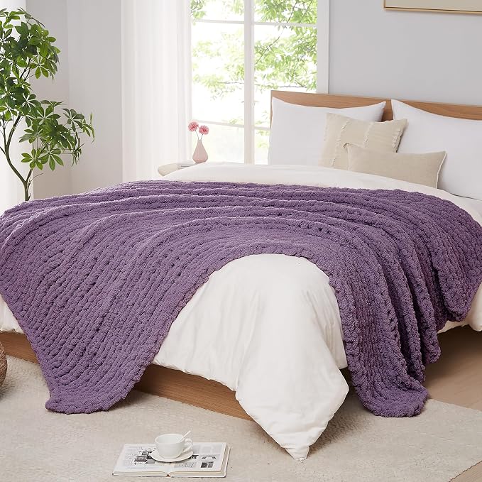 L'AGRATY Chunky Knit Throw Blanket for Couch, 60 x 80 Inches, Deep Purple | Handmade Chenille Crochet Blanket for Sofa Bed, Thick Cable Knitted Blankets for Room Home Decor, Birthday Gift for Women Mom
