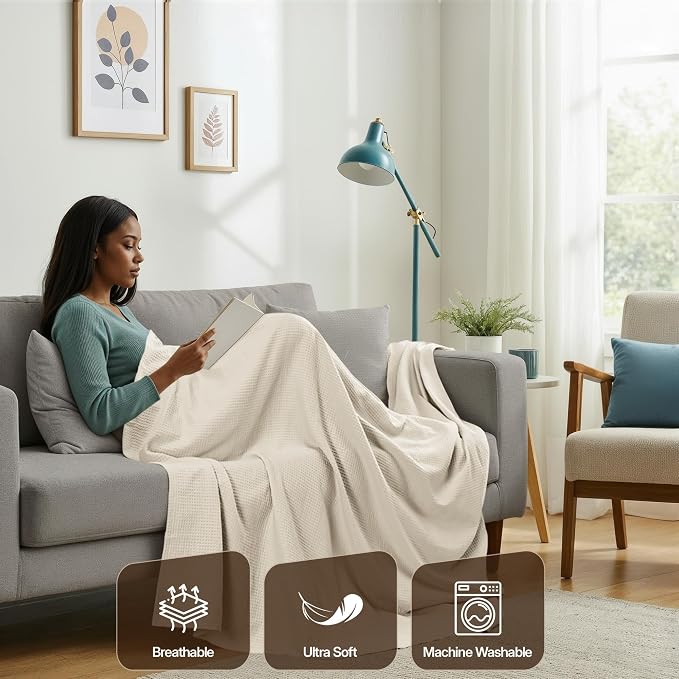 Utopia Bedding Cotton Blend Khaki Waffle Blanket King - 90x104 Inches | Lightweight, Skin Friendly, Breathable, All Season, Luxury, Bed, Couch, Sofa