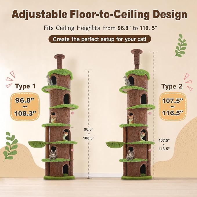 MUTTROS Magic Forest Floor-to-Ceiling Cat Tree, Adjustable 96.8"-116.5" | Designed for multi-cat homes, 6 spacious condos, scratching posts, hammock and perches for cats to climb, rest and relax