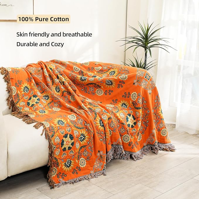 VANJOROY Boho Large Throw Blanket, 100% Organic Cotton Breathable Soft Bed Throw - Floral Farmhouse Decor Blanket for Sofa Couch Chair and Gift. 91" x 98"- Orange
