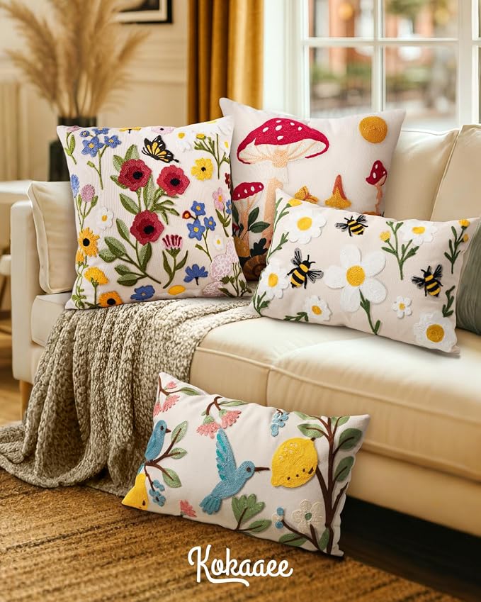 Embroidered Lumbar Pillow Cover 20x12 Inch, Bird Lemon | Decorative Throw Pillow Cover, Farmhouse Cushion Case with Hidden Zipper, Cottagecore Decor for Couch, Sofa, Living Room