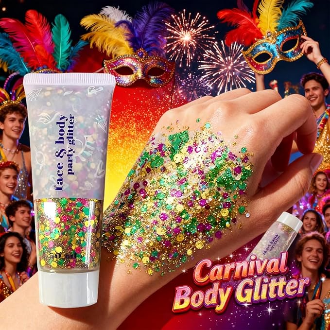 Carnival Body Glitter,Green Purple and Yellow Carnival Face Glitter Gel,Sparkling Holographic Long Lasting Chunky Glitter for Hair Face Nails,Accessories for Rave Festival Party (Carnival Themed)