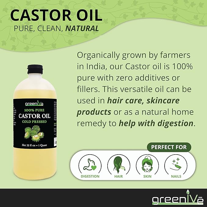 GreenIVe 100% Pure Castor Oil – Cold-Pressed, Hexane-Free – Hair, Eyebrows, Eyelashes, Skin Moisturizer, Castor Pack Wrap Oil Bulk Bottle (32 Fl oz)