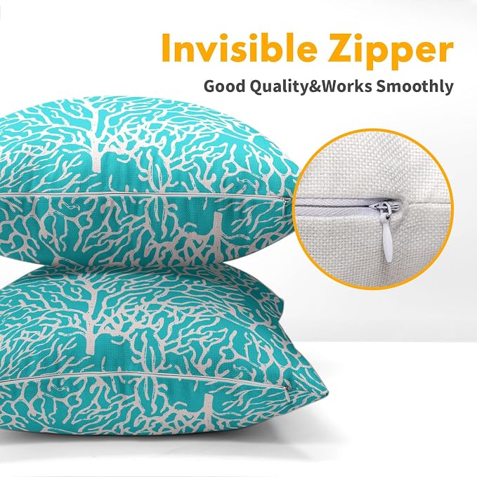Nautical Coastal Coral Pillow Covers 16x16 Inch Set of 2 Summer Ocean Beach Aqua Teal Decorative Pillow Cases Outdoor Linen Cushion Cover Farmhouse Decor for Bedroom Home Sofa Couch Bed