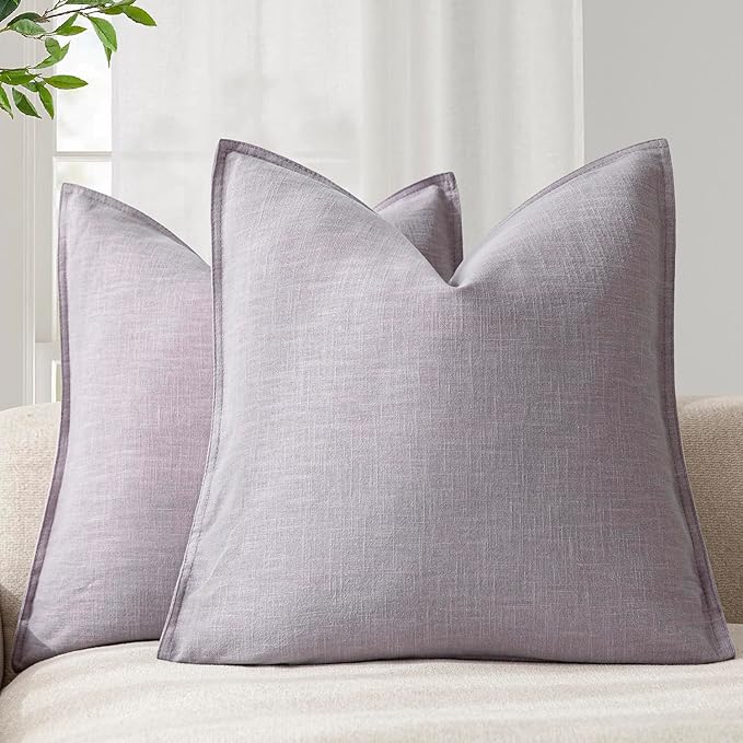 Foindtower Pack of 2, Decorative Linen Solid Throw Pillow Covers Soft Accent Euro Cushion Case Boho Farmhouse Neutral Pillowcase for Couch Sofa Bedroom Living Room Home Decor 24 x 24 Inch Light Purple