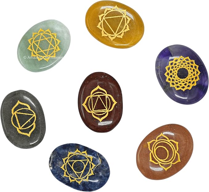 Amazing Gemstone 7 Chakra Oval Set Reiki Healing Crystal with Engraved Chakra Symbols - Chakra Balancing Polished Palm Stones Set with Velvet Pouch