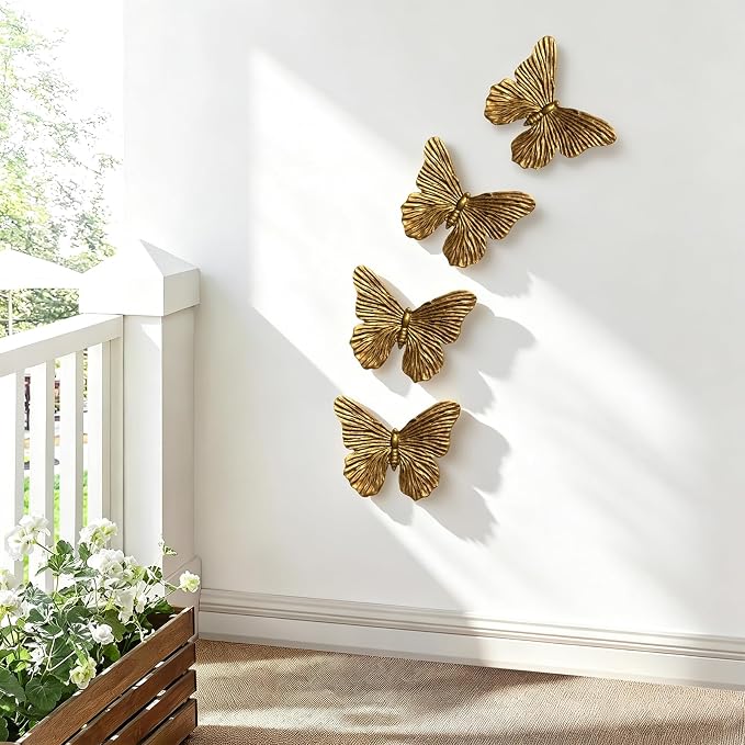 SIYOTTA Vintage 3D Butterfly Wall Art 4Pcs 5"×4" Resin Indoor Outdoor Decor | Handcrafted Vintage Resin Butterfly Wall Decor, Weatherproof for Living Room Bedroom Garden Yard Gallery Use
