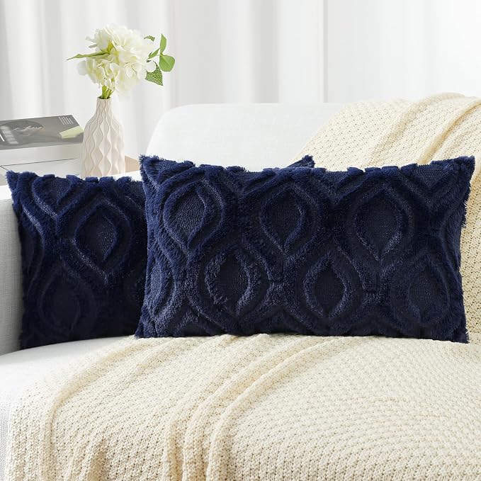 decorUhome Faux Fur Plush Soft Navy Blue Throw Pillow Covers 12x20 Set of 2 | Wool Solid Fall Couch Pillow Covers, Accent Modern Farmhouse Neutral Decorative Square Pillow Cases for Sofa Bed Living Room