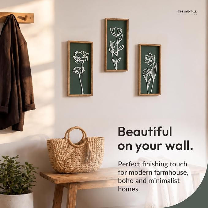 Tide and Tales 3d Green Wall Art, Wooden Botanical Wall Decor, Set of 3 | 7" x 16", Lightweight, Framed Ready-to-Hang, Bathroom Wall Decor, Bedroom, Living Room, Office, Farmhouse, Gift-Boxed