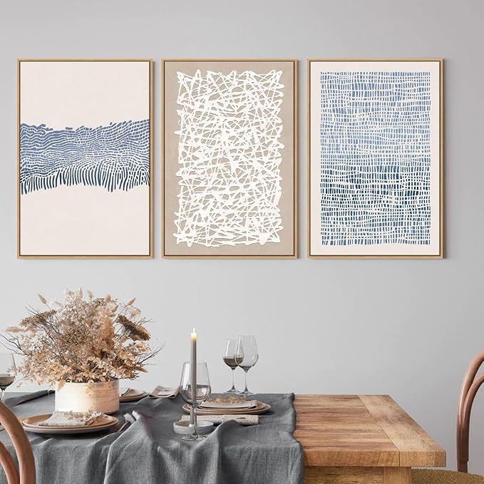 SAFERRYHOME Blue Neutral Contrast Abstract Boho Wall Art,3 Panels 16"x24" | Modern Abstract Framed Canvas Print Set, Mid Century Modern Minimalist Lines Geometric Pattern for Living Room,Bedroom,Office