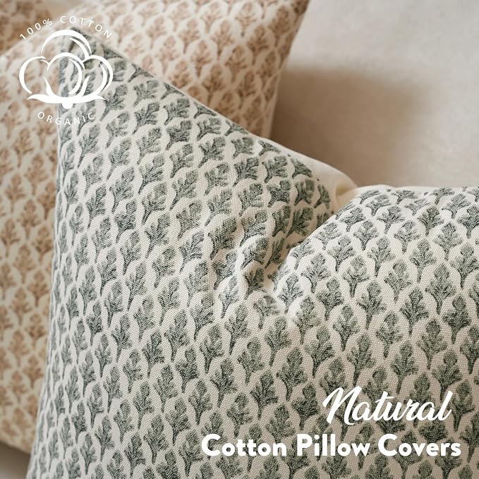 FIOUOVO Floral Pillow Covers 20x20 Pillow Cover Block Print Couch Pillows for Living Room Decorative Neutral Accent Throw Pillow Covers, 1PC, Olive Green