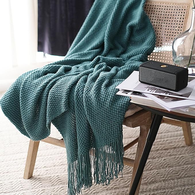 LOMAO Knitted Throw Blanket with Tassels Bubble Textured Lightweight Throws for Couch Cover Home Decor (Teal, 60x90)