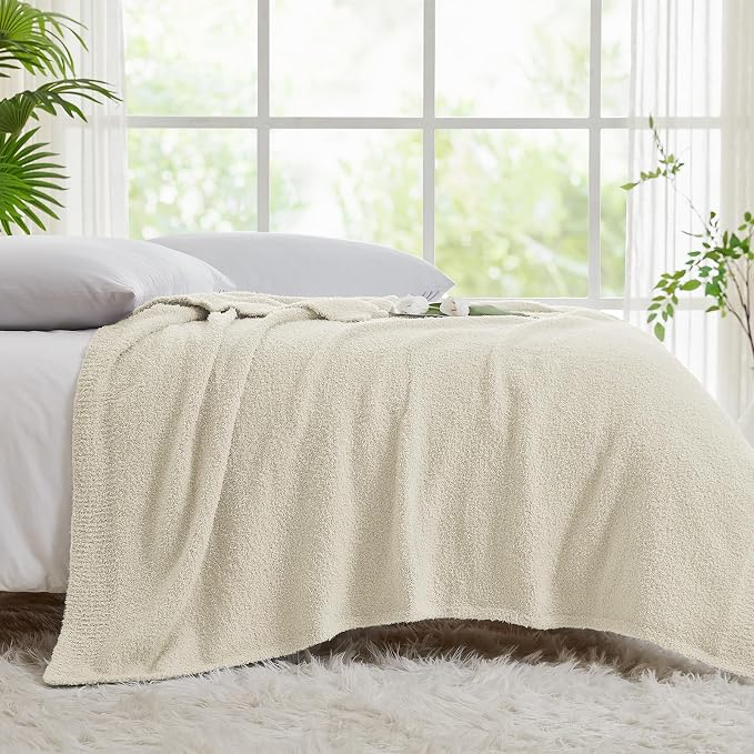 Super Soft Twin Size Beige Knit Throw Blanket - Lightweight Plush Fuzzy Fluffy Warm Cozy Blankets and Throws for Sofa Bed All Season Use, 60x80 inches