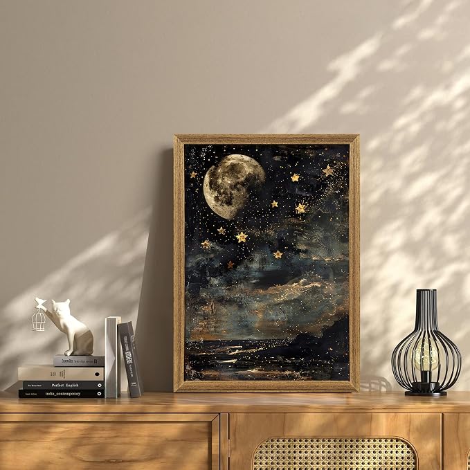 ICHZUMW Framed Moon and Stars Celestial Vintage Canvas Wall Art 16x24 In | Dark Moody Night Sky Painting, Gothic Dark Academia Wall Decor for Bedroom Living Room Bathroom Office, Ready to Hang