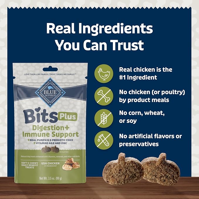 Blue Buffalo Blue Bits Plus Digestion and Immune Support Dog Treats, Chicken, 3.5-oz. Bag (Pack of 2)