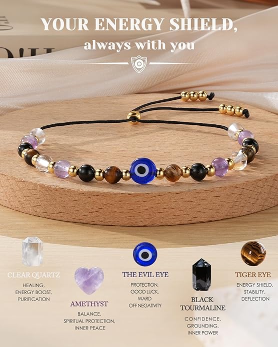 Evil Eye Dainty Bracelet - Natural Crystal Protection Bracelet - 5 Healing Stones Clear Quartz Amethyst Black Tourmaline Tiger Eye Adjustable Spiritual Guardian Jewelry Gift with Meaning Card
