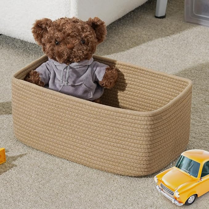 3 Pack Storage Baskets for Organizing, 13.7×9.5×6.3", Brown | Woven Baskets for Shelves, Cotton Rope Basket for Gifts Empty, Closet Organizer Bins with Handles, Cube Decorative Box