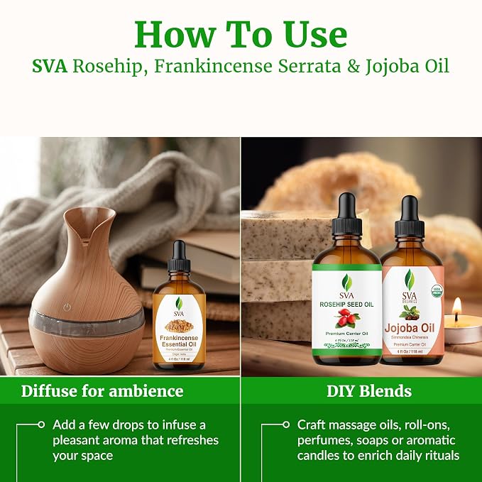 SVA Rosehip, Frankincense Serrata, and Jojoba Oil 4 oz Bundle Super Saver Combo – Value Set for Hair Oiling, Scalp Massage, Hair Care, Skin Care and Body Massage