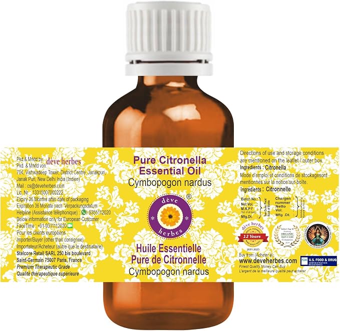 Deve Herbes Pure Citronella Essential Oil (Cymbopogon nardus) Steam Distilled 5ml (0.16 oz)