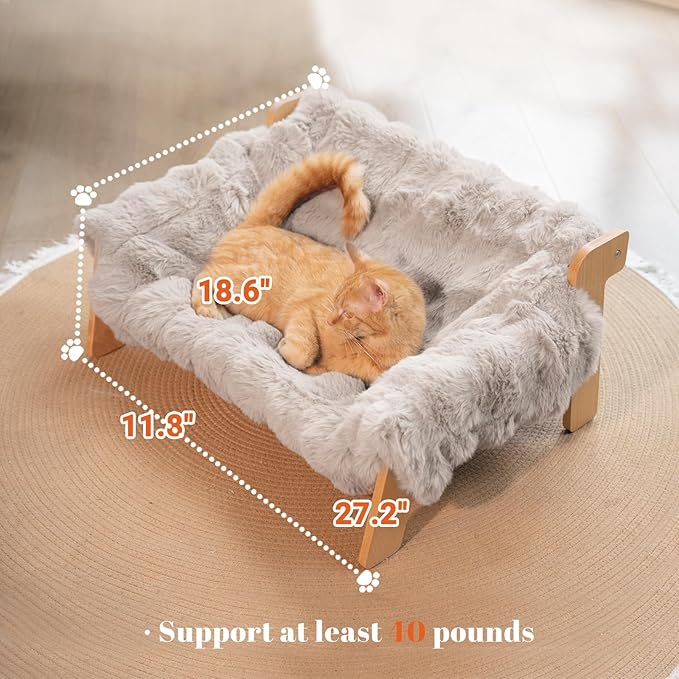 Elevated Cat Couch Bed Wooden Raised Kitty Sofa Lounge Chair | Washable Fluffy Cover Wooden Elevated Pet Furniture for Indoor Cats and Puppy(Gray)