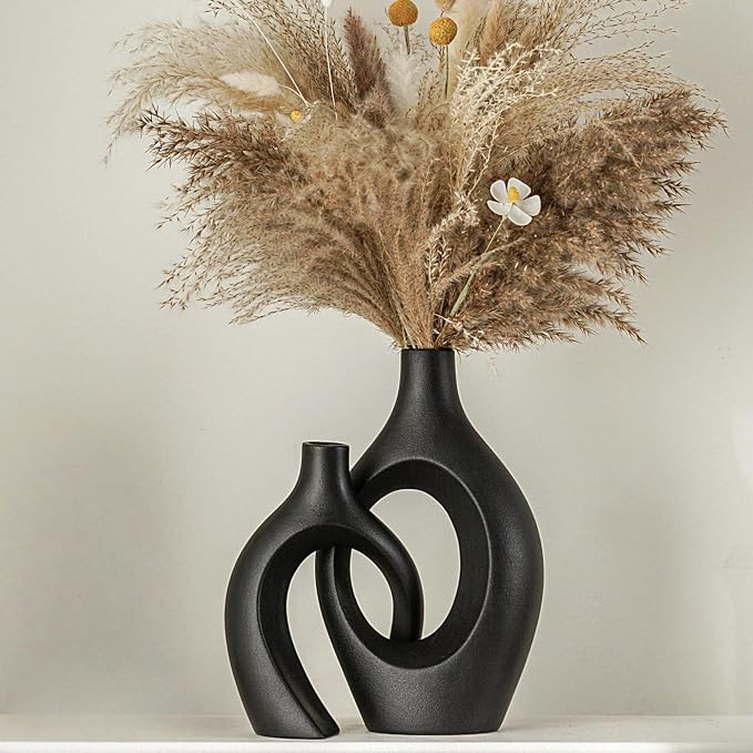 Lvases Snuggle Hollow Modern Ceramic Vase Set of 2, Nordic Aesthetic Vase | Mid Century Decorative Vases for Home Decor House Book Shelf Office Coffee Dining Fireplace ( Matte Black W 6.8" X H 11" )