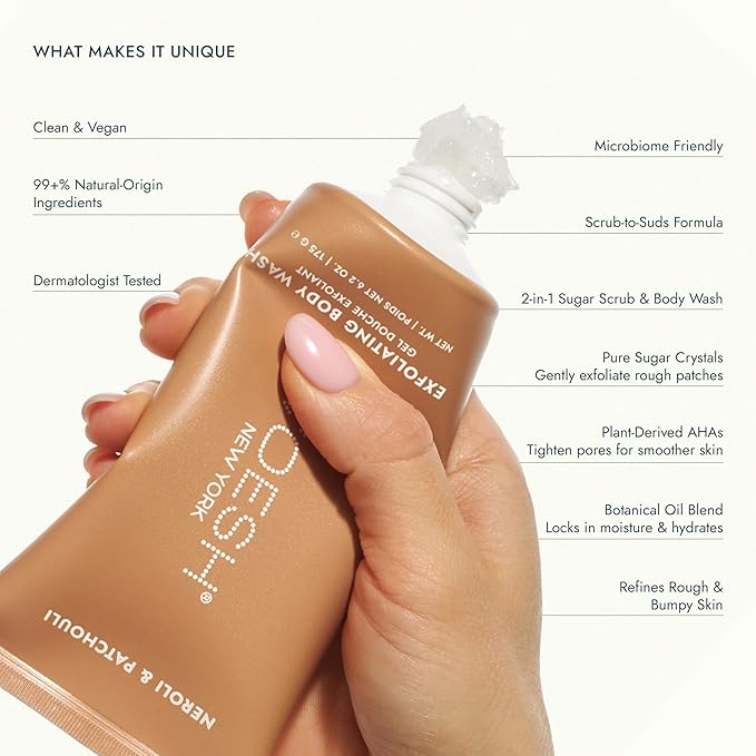 VOESH Sugar Scrub & Exfoliating Body Wash with Plant-Derived AHAs & Vegan Probiotics, K-Beauty Korean Skincare - Neroli & Patchouli