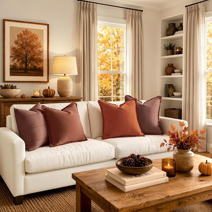 MIULEE Linen Fringe Decorative Fall Throw Pillow Covers Burnt Orange 18x18 | Set of 2, Cottagecore Decor, Boho Farmhouse Neutral Pillow Covers, Rustic Fall Couch Cushion Cases for Sofa Bed Living Room