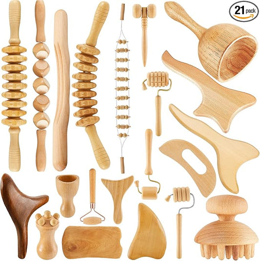 Amylove 21-in-1 Maderoterapia Kit Wood Therapy Massage Tools Set Therapy Tools for Body Sculpting Muscle Pain Relief Lymphatic Drainage Women Face Roller Fascia Massage Anti Body Contouring
