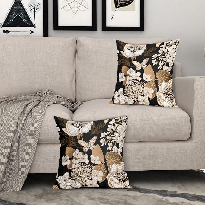 Vintage Floral Pillow Covers 16X16 Inch Set of 2 White Flowers Gold Leaves Botanical Decorative Pillow Cases Rustic Leaf Black Cotton Linen Cushion Case Farmhouse Home Decor for Sofa Couch
