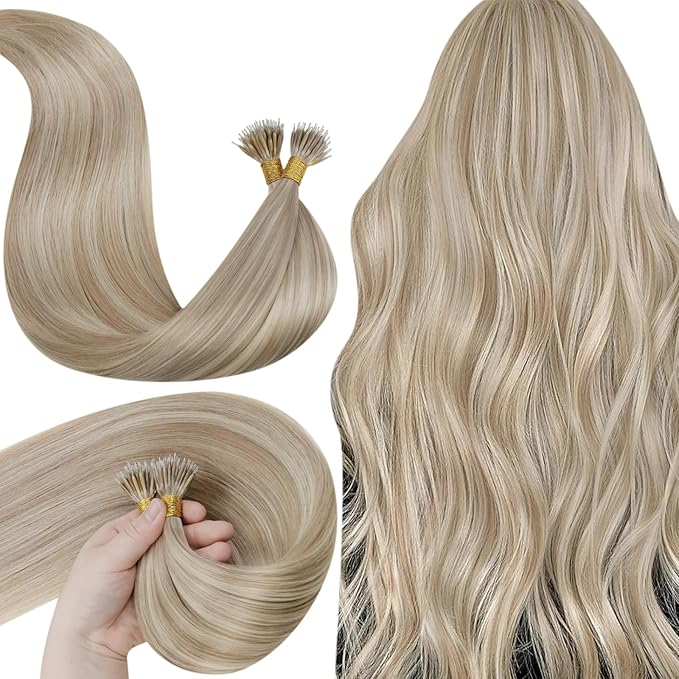 LaaVoo Nano Bead Hair Extensions Human Hair Blonde Highlight Nano Ring Extensions Ash Blonde with Bleach Blonde Nano Tip Hair Extension Real Human Hair Blonde 50s 50g 20 Inch