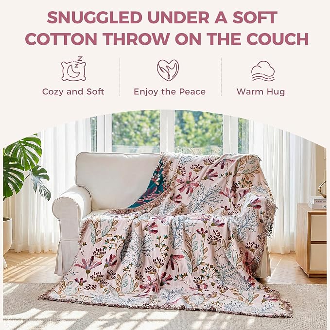 LUTBM Boho Throw Blanket for Bed 60"x80", All Season Cotton Couch Blankets | Reversible Floral Jacquard, Muslin Gauze Twin Quilt, For Chair Sofa Bedroom Living Room, Lightweight & Breathable, Home Decor