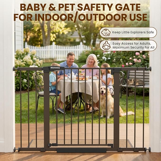 Mumeasy 29.7-48" Baby Gate for Stairs, Pressure Mounted Dog Gate for Doorways, Extra Wide Walk Thru Safety Pet Gate for Doors with Auto Close, Easy Install Child Gate for Hallway Indoor House, Brown