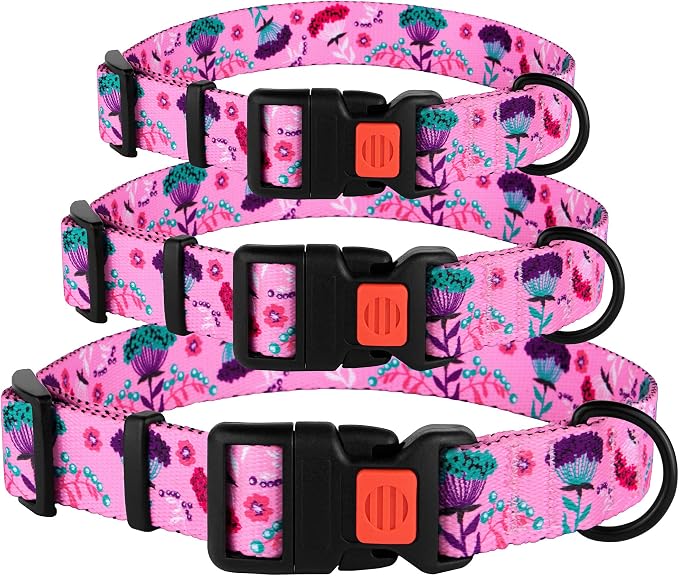 Nylon Dog Collar Floral Pattern Pink 12-16 inch