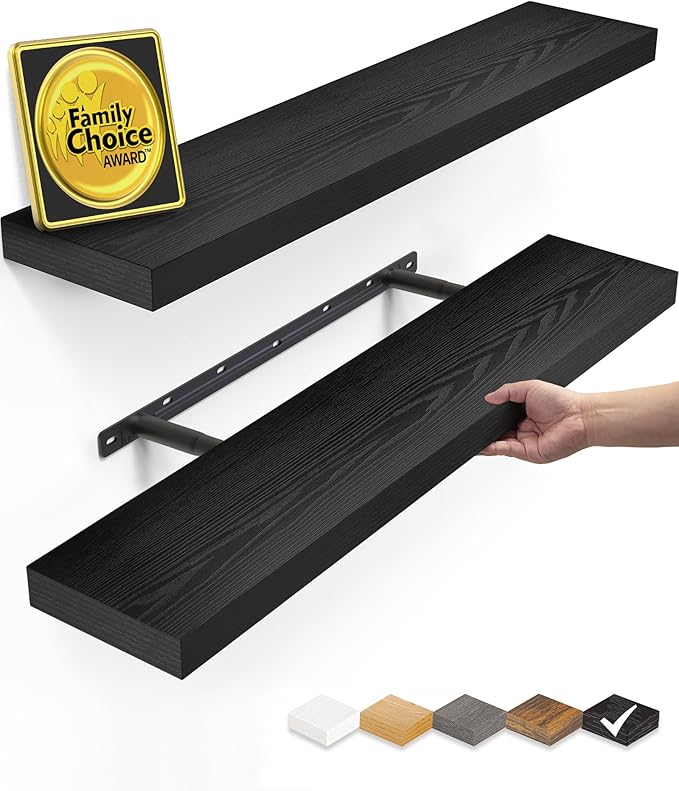 BAYKA Black Floating Shelves 22.5in, Set of 2, Wall Mount Rustic Wood Shelf | Easy Install, 22lbs Max Load, Hidden Bracket, for Bathroom Bedroom Kitchen Display Storage Decor, Hanging Book Shelf