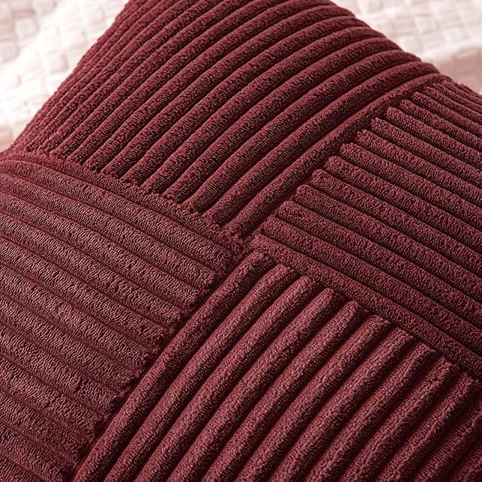 MIULEE Burgundy Decorative Throw Pillow Covers for Couch 18x18 Inch | 2 Pack, Boho Farmhouse Pillow Covers, Soft Cross Corduroy Patchwork Textured Cushion Cases For Bed Sofa