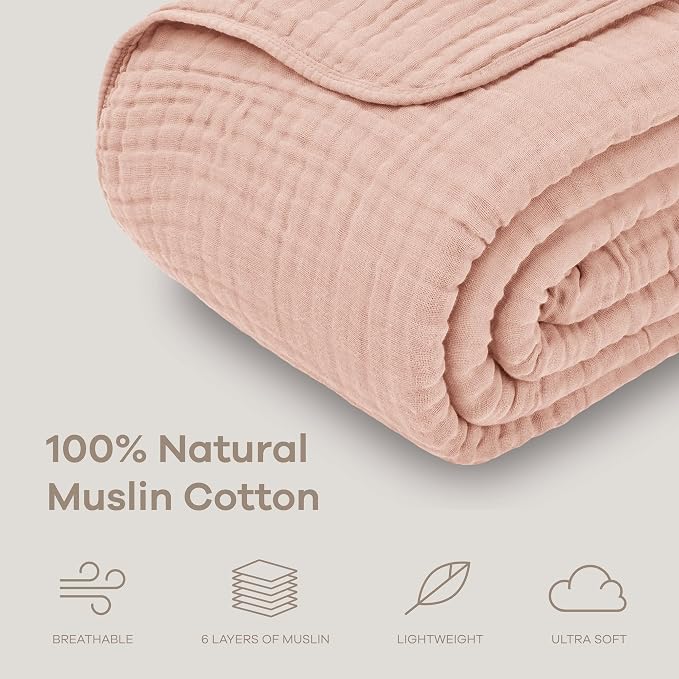Comfy Cubs Adult Muslin Blanket 50x60” Throw Swaddle Blankets, Blush | 6 Layer Soft, Breathable & Lightweight Muslin Adult Blanket - Machine Washable & Designed in the US Bedding for All Seasons