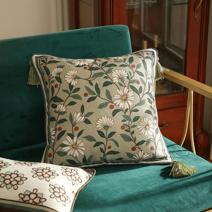 Designer Linen Square Throw Pillow Cover,Set of 2,18"x18"-Brune A | Vintage French Elegant Pillow Cover,Concealed Zipper Design,Floral Pattern,Sofa,Bedroom,Living Room,Lounge Chairs
