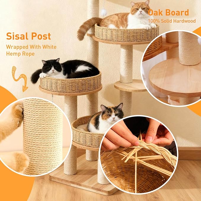 54in Solid Wood Cat Tree for Indoor Cats, Modern Tall Cat Tower | Multi-levels Cat Condo, with Scratching Post, with 4 Handwoven Rattan Cat Bed, for Large Cat, Easy to Clean