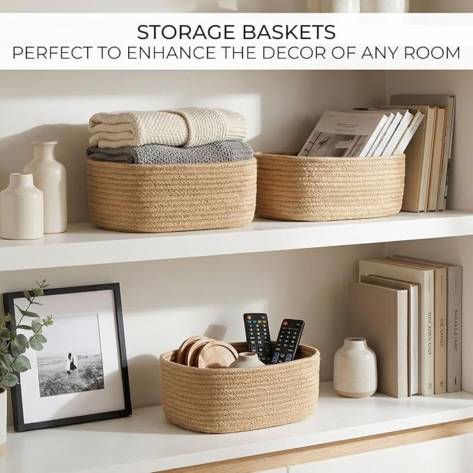 Beautiful Storage Basket Set of 3 - Sturdy Jute Rope Baskets for Shelves | Perfect for Organizing Your Home - Quality Storage Bins Easily Fit with Any Nursery or Bedroom Decor