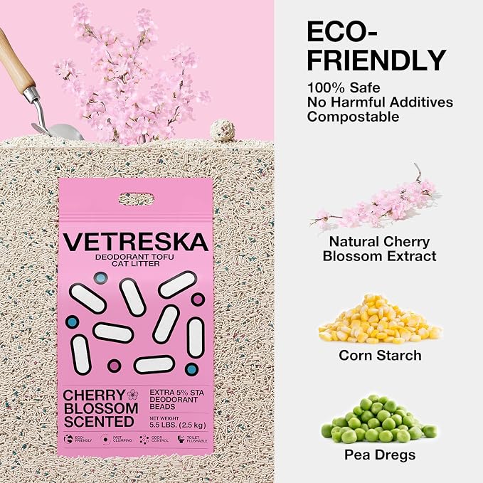 VETRESKA Cherry Blossom Tofu Cat Litter, Odor Control, 5.5lb×4bags | Natural Kitty Litter Strong Clumping Flushable Cat Litter Pellet Ultra Absorbent,Dust-Free,Low Tracking Deodorant Tofu Litter