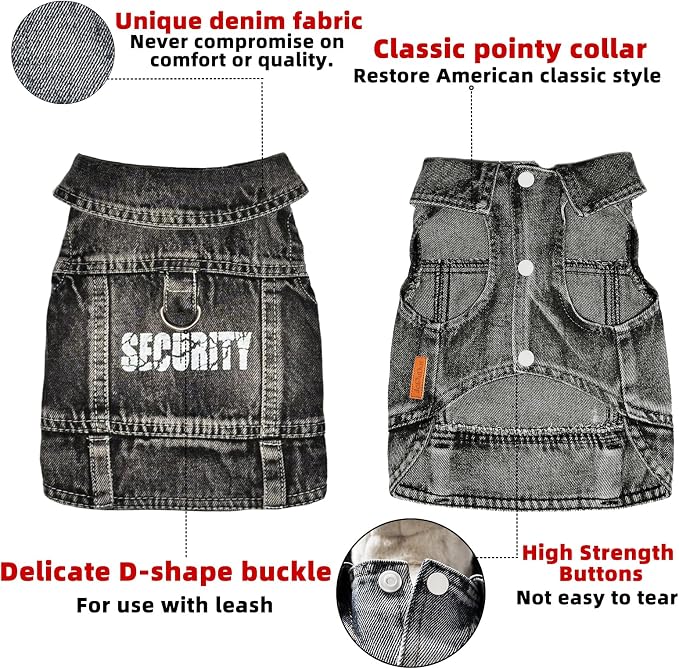 Black Security Dog Jean Jacket,Pet Denim Coat,Puppy Clothes(S) | Small Dogs Cotton Classic Overalls Cat Costumes Sleeveless Washed Vest Outfit T-Shirts Male Boy Girl