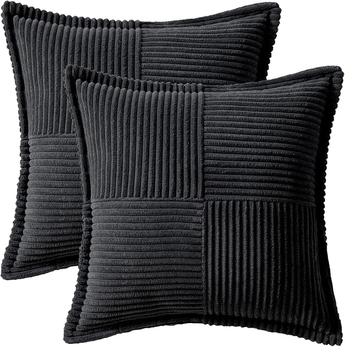MIULEE Decorative Throw Pillow Covers for Couch 18x18 Inch Black 2 Pack | Boho Broadside Striped Patchwork Pillow Covers, Soft Corduroy Cushion Cases, For Sofa Bed Livingroom Home Decor