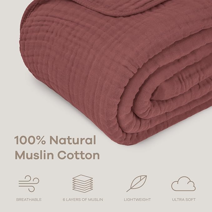 Comfy Cubs Adult Muslin Blanket 90x90” Queen Swaddle Blankets, Wine | 6 Layer Soft, Breathable & Lightweight Muslin Adult Blanket - Machine Washable & Designed in the US Bedding for All Seasons